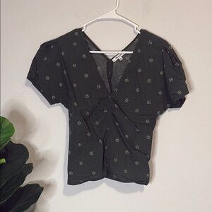 Madewell Dark Green Floral fitted Blouse with puff sleeve